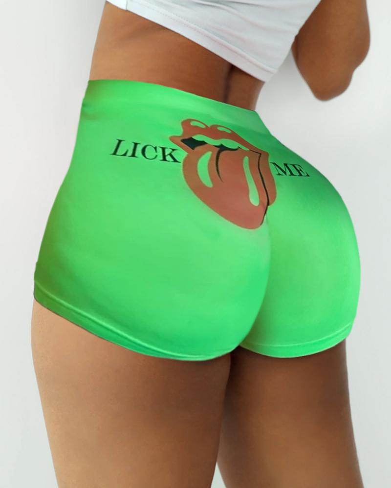 

Lip Letter Print High Waist Casual Shorts, Green