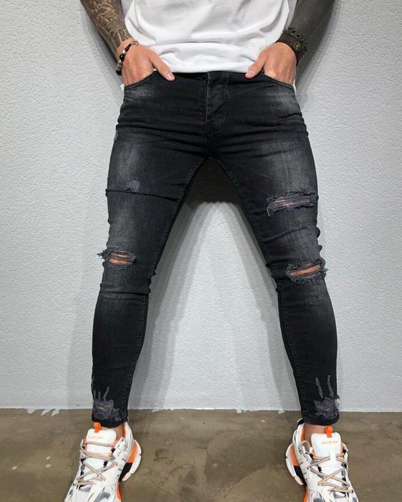 

Solid Color Skinny Ripped Jeans, Black