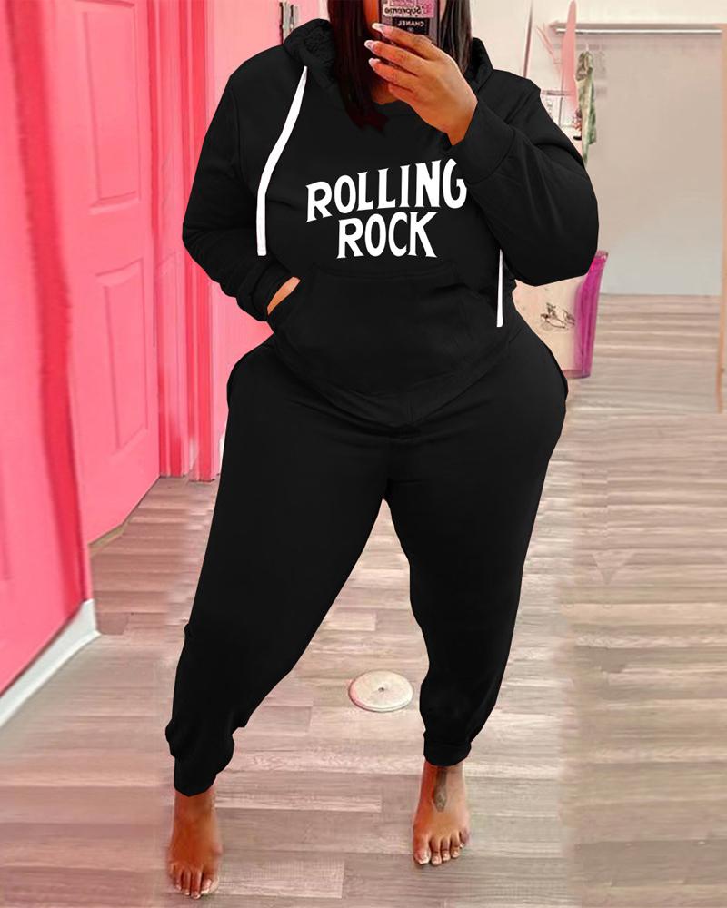 

Plus Size Letter Print Long Sleeve Hoodie & Pants Set, Black