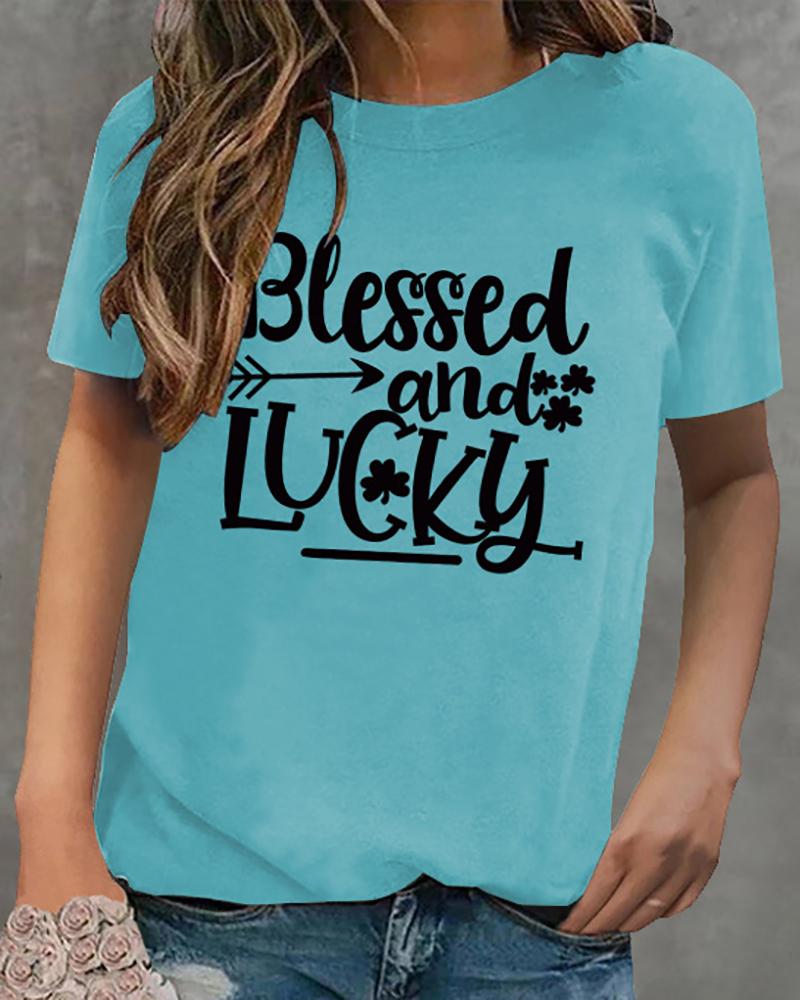 

St.Patrick' Day O-Neck Four Leaf Clover Letter Print Top, Blue