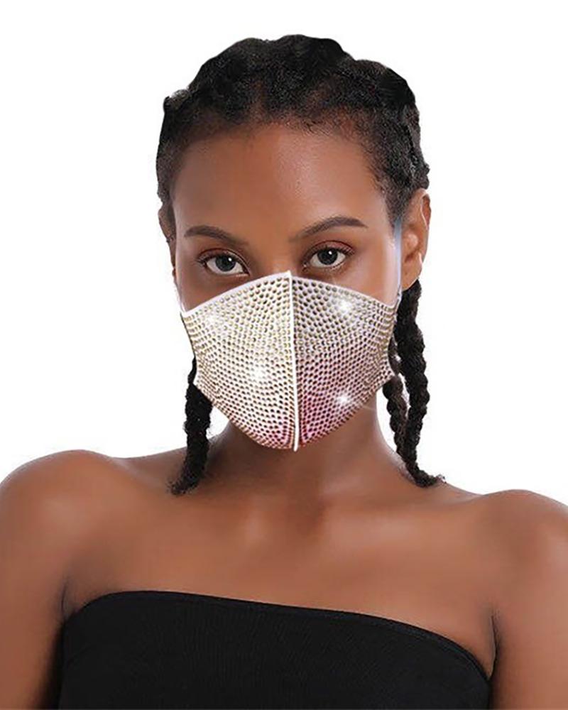 

Daisy Pattern Colorblock Bling Rhinestone Face Mask, Champagne