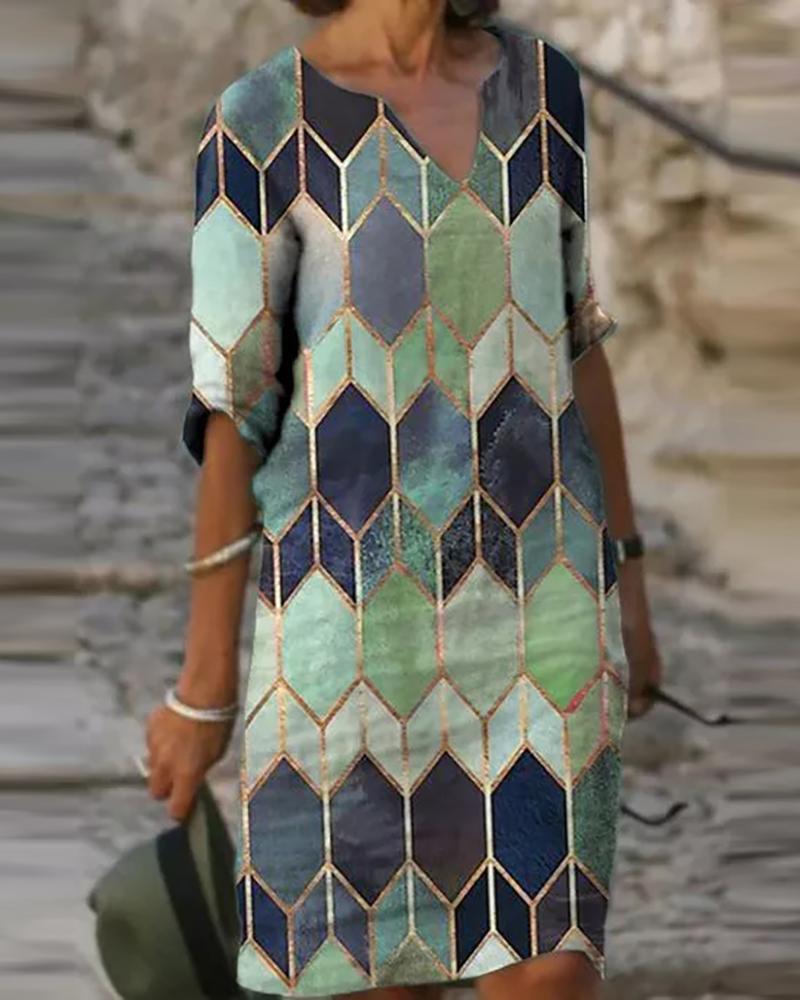 

Geo Print Colorblock Half Sleeve Dress, Gray
