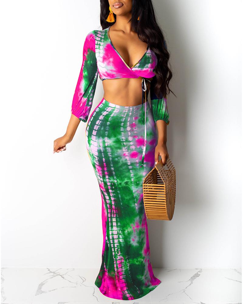 

Long Sleeve V Neck Two Piece Set, Hot pink
