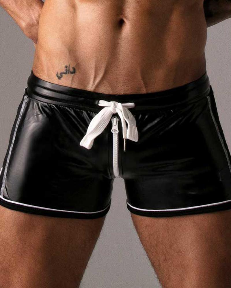 

Color Block Drawstring Splicing Zipper Skinny PU Leather Short Pants, Black