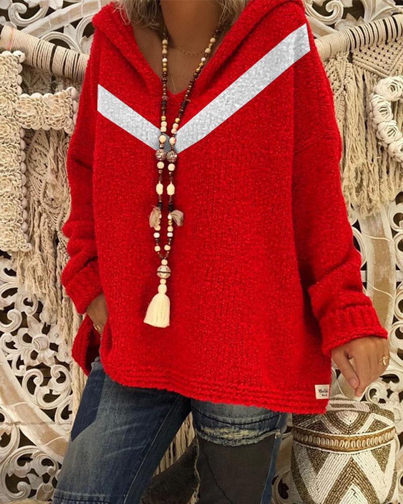 

Chevron Pattern Long Sleeve Hooded Sweater, Red