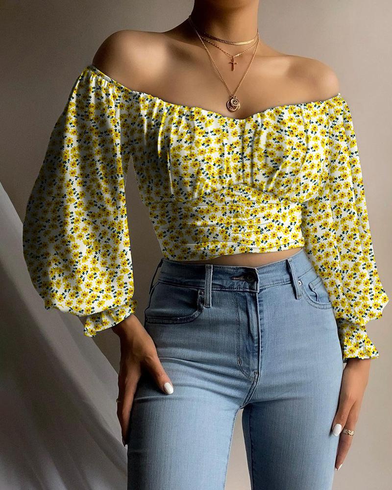 

Off Shoulder Ditsy Floral Print Ruched Lantern Sleeve Blouse, Yellow