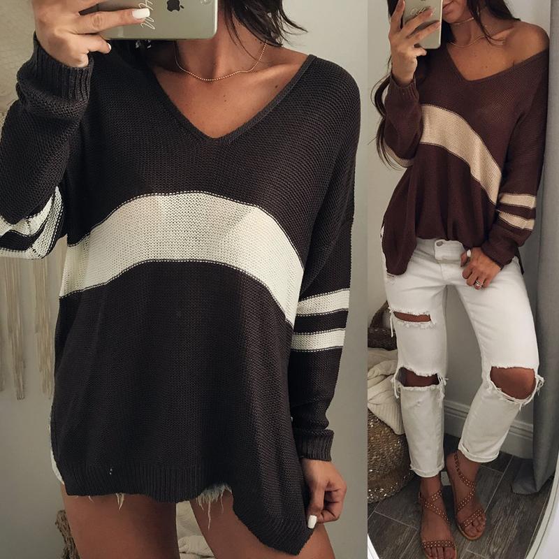 Contrast Color V Neck Split Loose Sweater