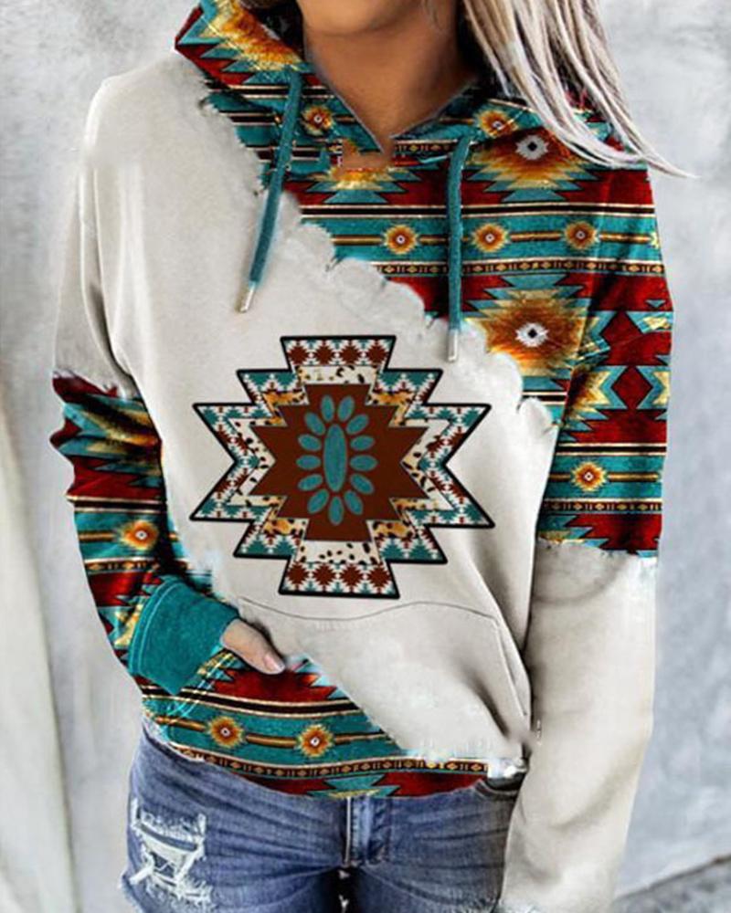 Sudadera con capucha de manga larga con estampado geométrico azteca de talla grande