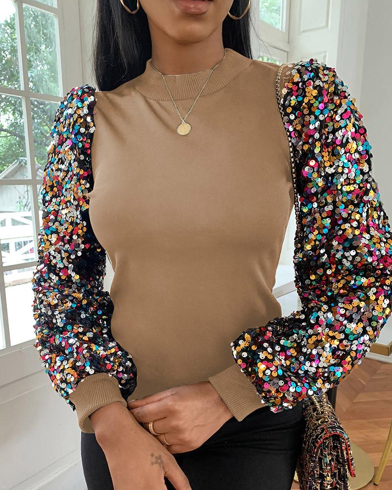 

Colorful Sequins Lantern Sleeve Top, Khaki