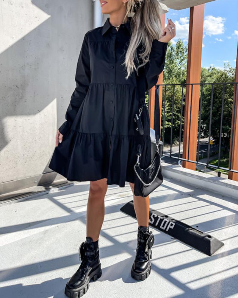 

Long Sleeve Button Design Ruched Shirt Dress, Black