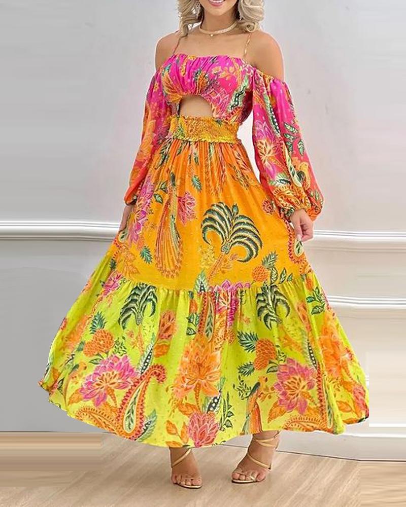 

Plants Print Cold Shoulder Maxi Dress, Multicolor