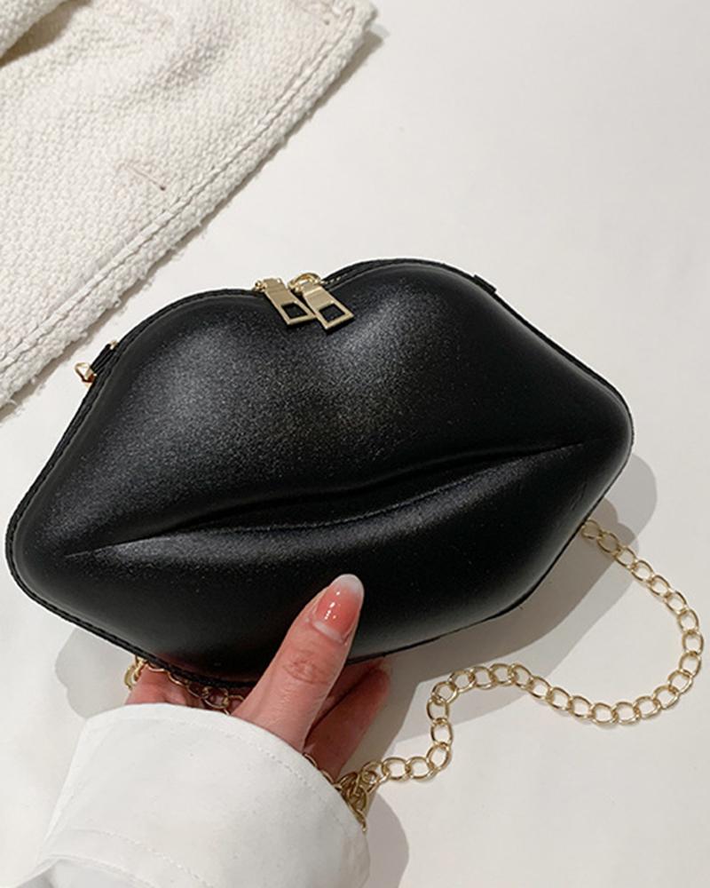 

Lip-Shaped Chain Strap Crossbody Bag, Black