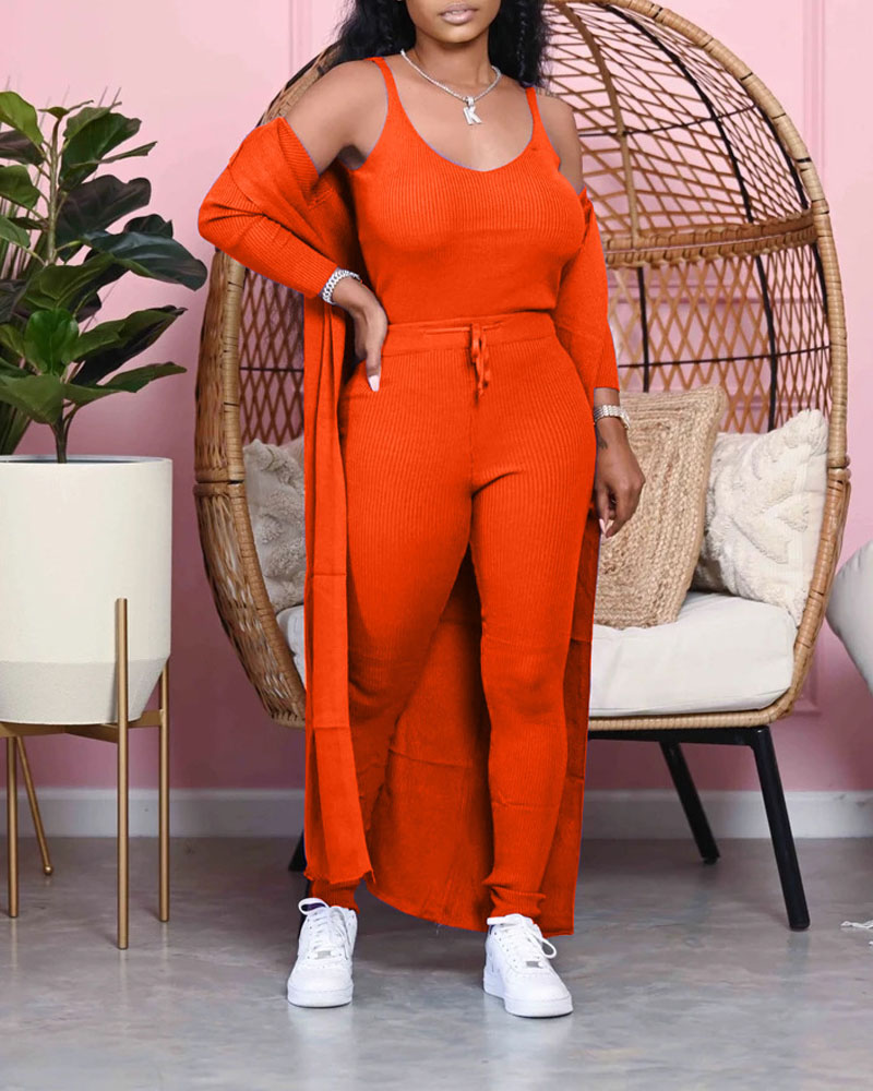 

Ribbed Tank Top & Pants With Longline Cardigan Set, Orange