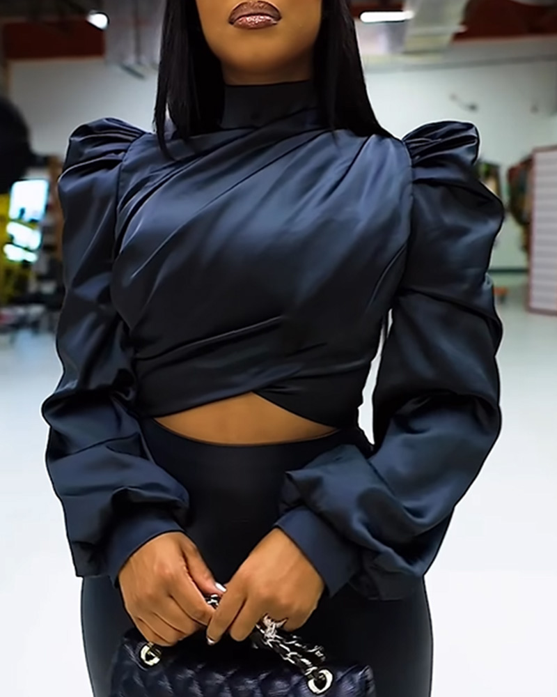 

Puff Sleeve Ruched Detail Long Sleeve Crop Top, Black
