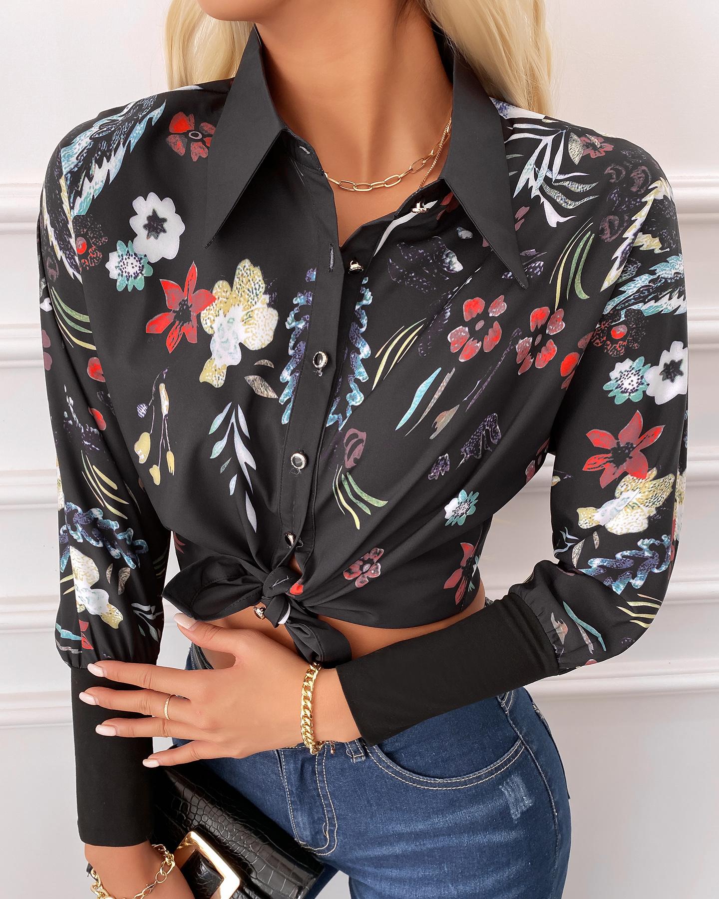 

Floral Print Button Design Lantern Sleeve Shirt, Black