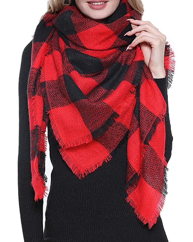 

Women's Big Oversized Classic Long Plaid Blanket Warp Shawl Fall Winter Warm Scarf, Red