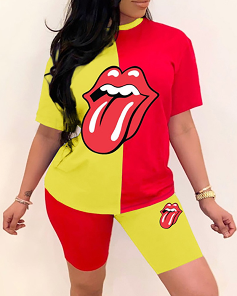 

Lip Print Colorblock Short Sleeve Top & Shorts Set, Yellow