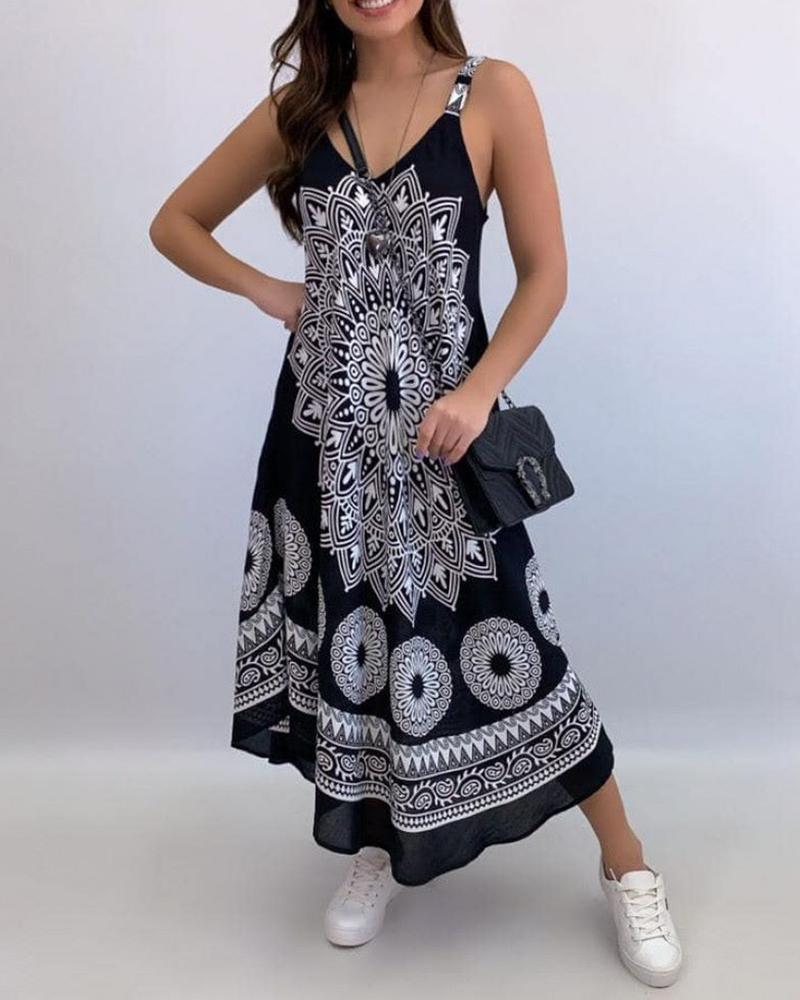 

Graphic Print V-Neck Thin Strap Maxi Dress, Black