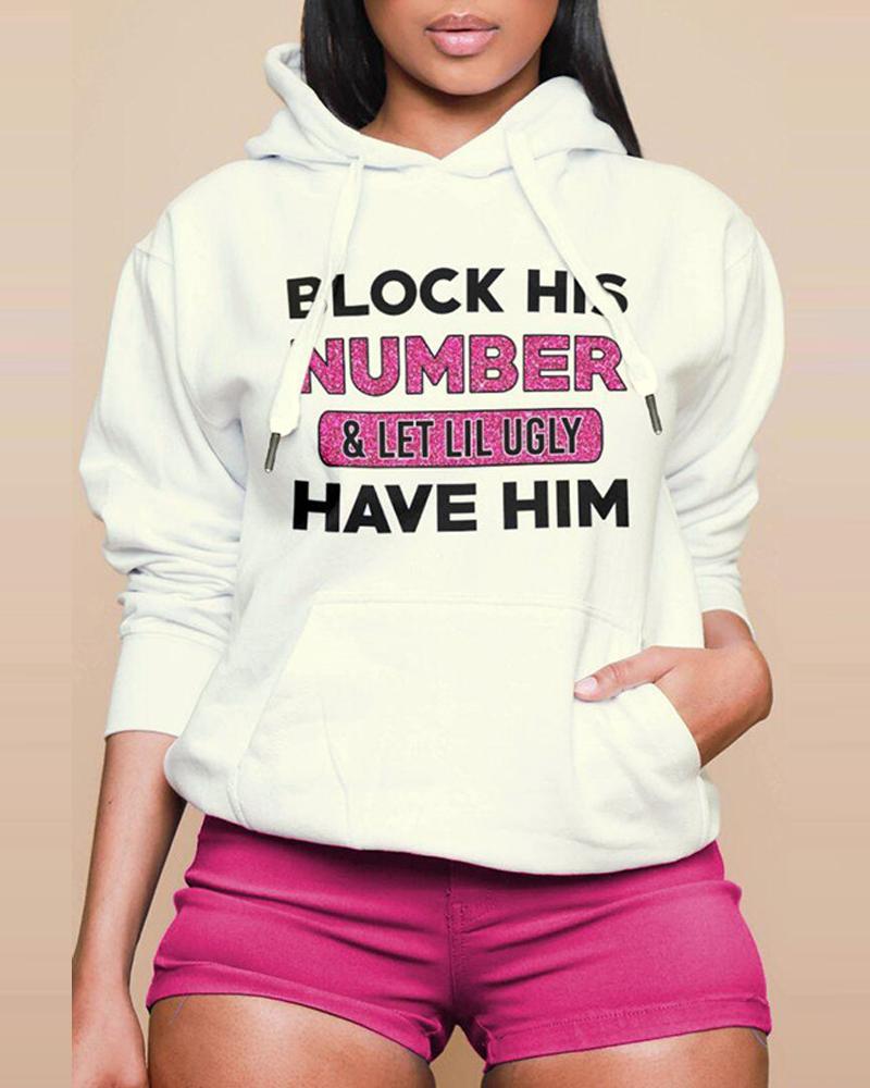

Plus Size Letter Print Long Sleeve Drawstring Hoodie, White