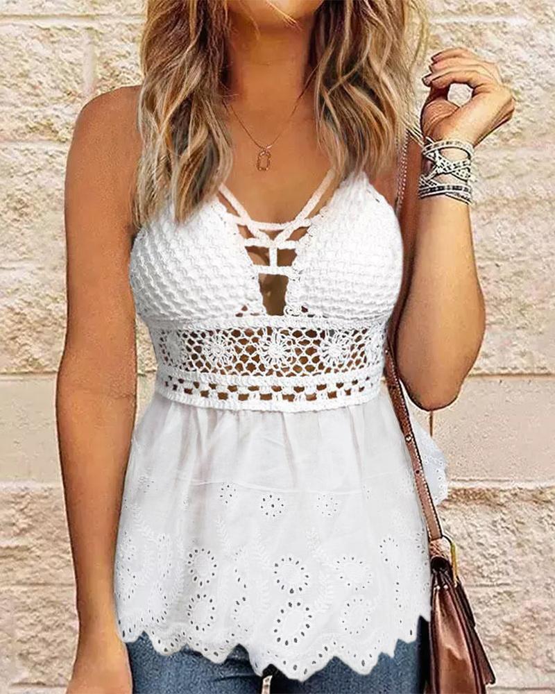 

Eyelet Embroidery Hollow Out Lace Tank Top, White