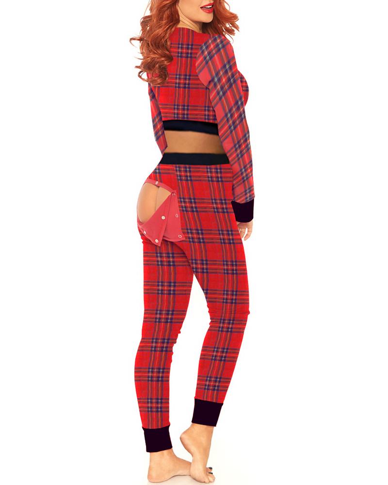 

Plaid Functional Buttoned Flap Adults Top & Pants Set, Red