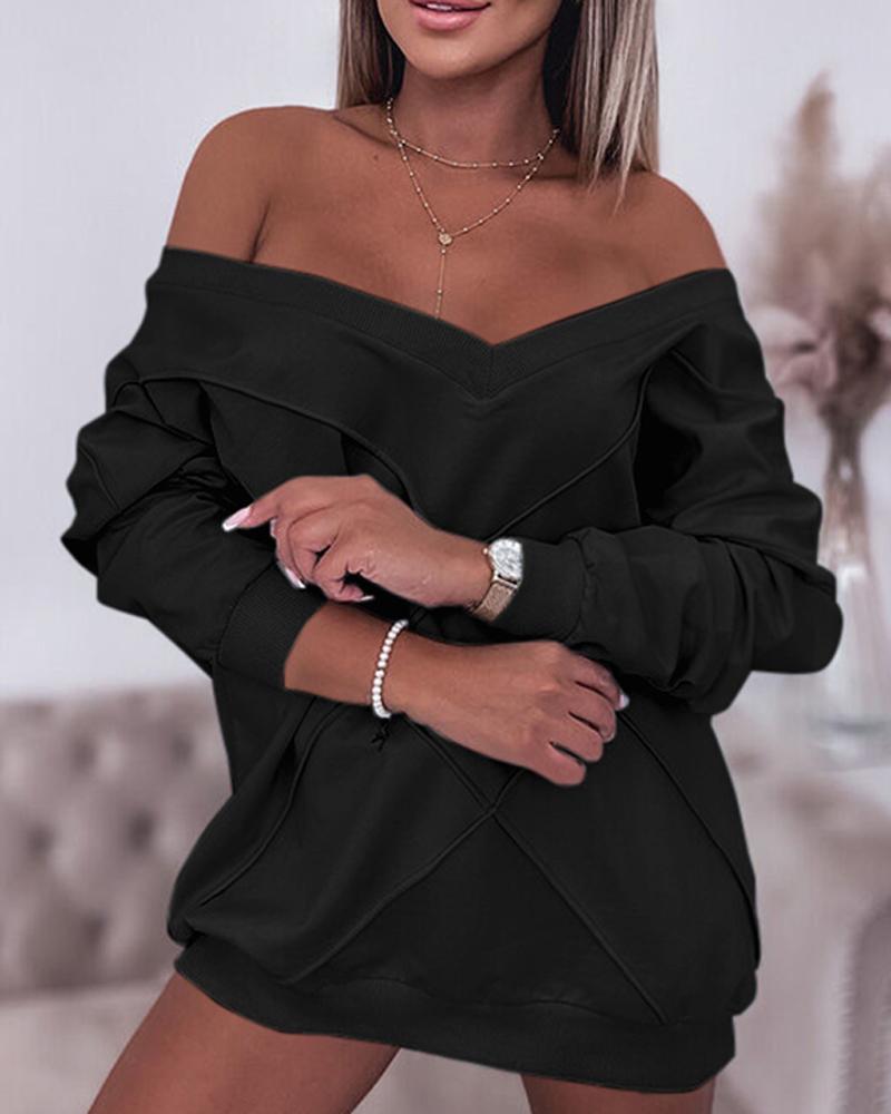 

Long Sleeve V-Neck Textured Sweatshirt, Black