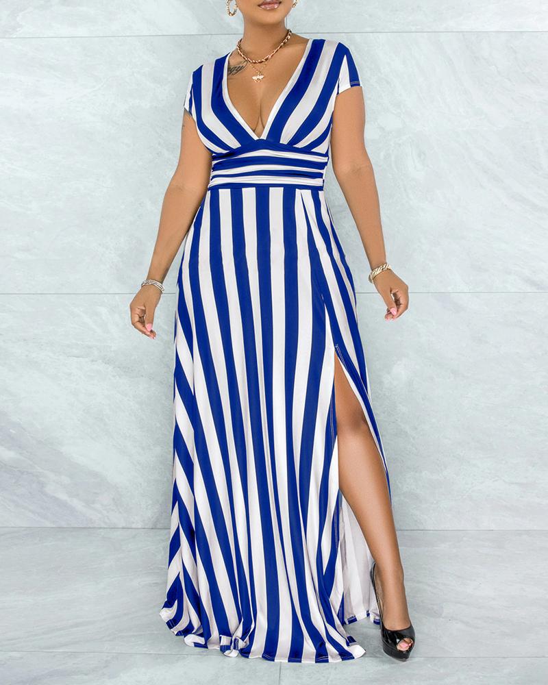 

Striped Print Slit V Neck Short Sleeve Maxi Dress, Blue