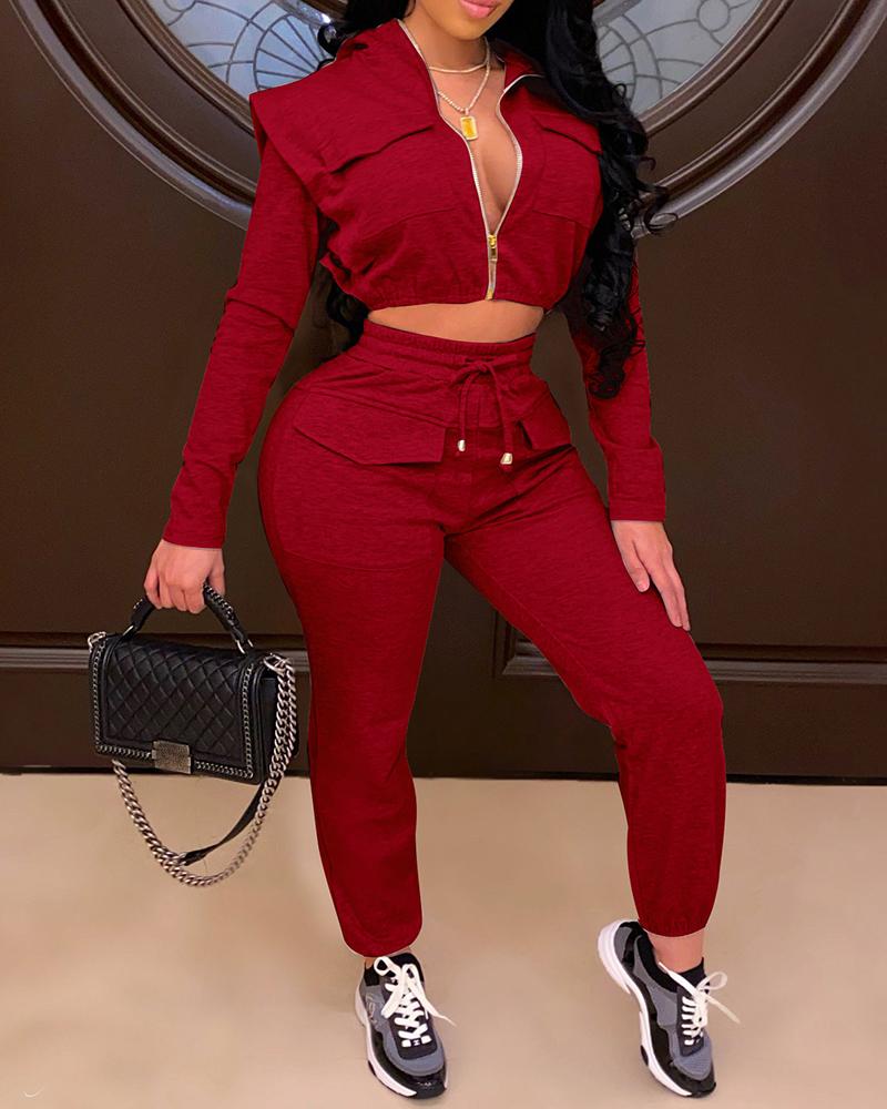 

Zipper Design Long Sleeve Hooded Crop Top & Drawstring Pants Set, Wine red