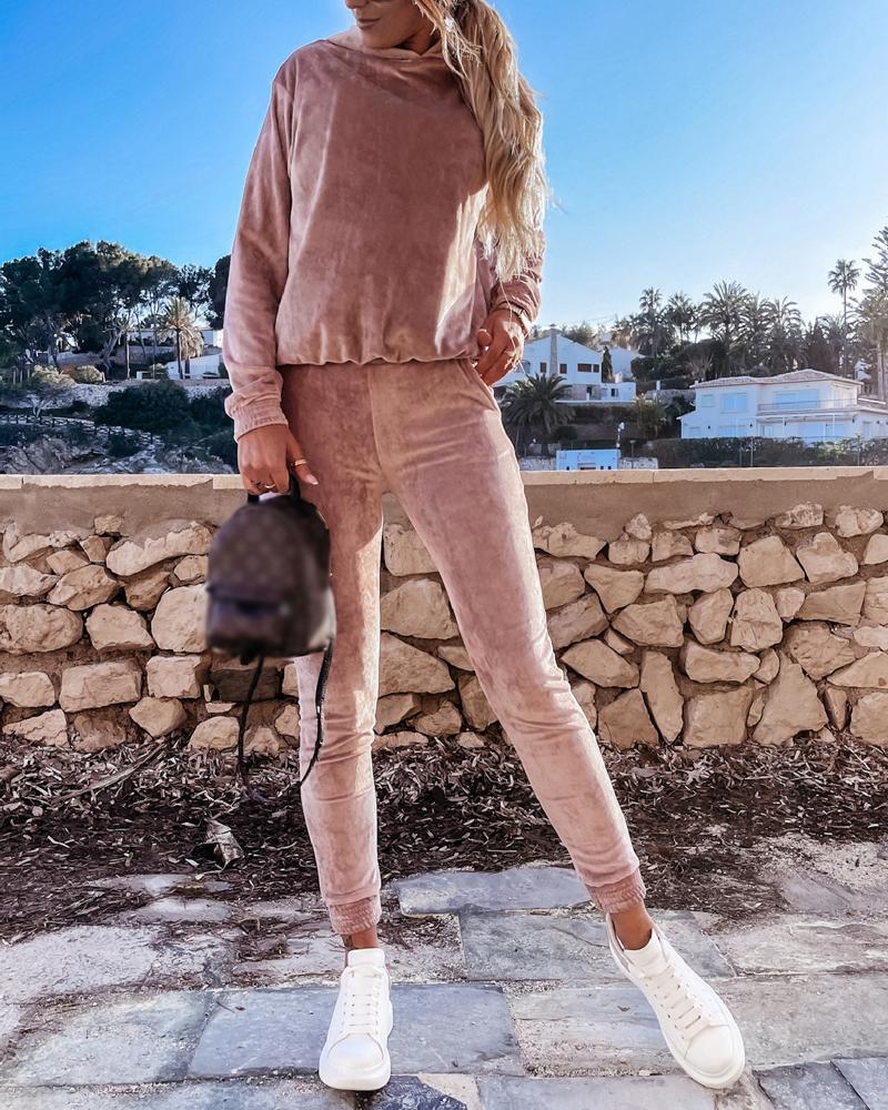 

Velvet Long Sleeve Casual Hoodie & Pants Set, Pink