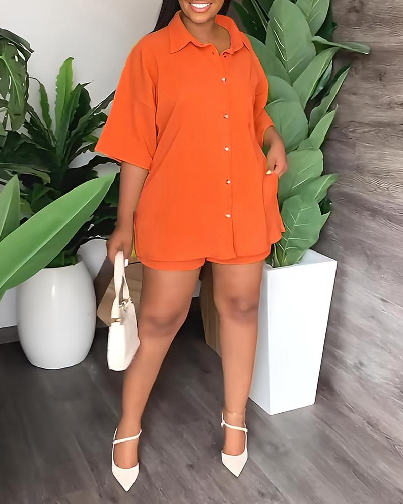 

Turn-down Collar Buttoned Top & Shorts Set, Orange