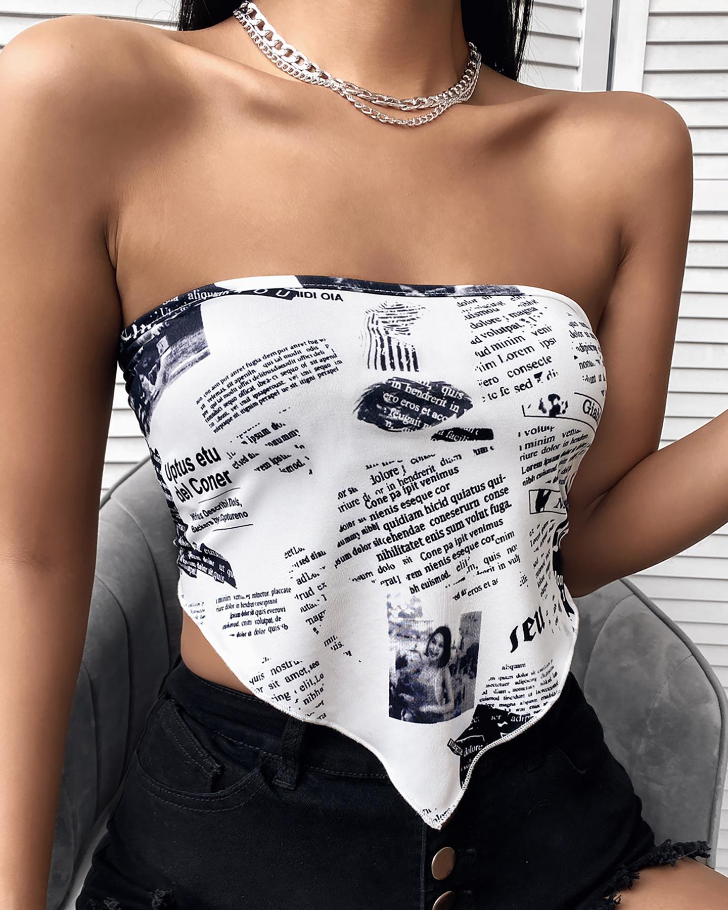 

Newspaper Print Backless Handkerchief Top, White