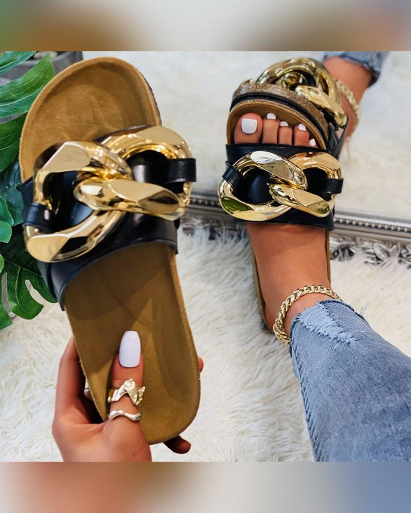 

Metallic Patchwork Upper Opne-toe Flat Sandals, Black