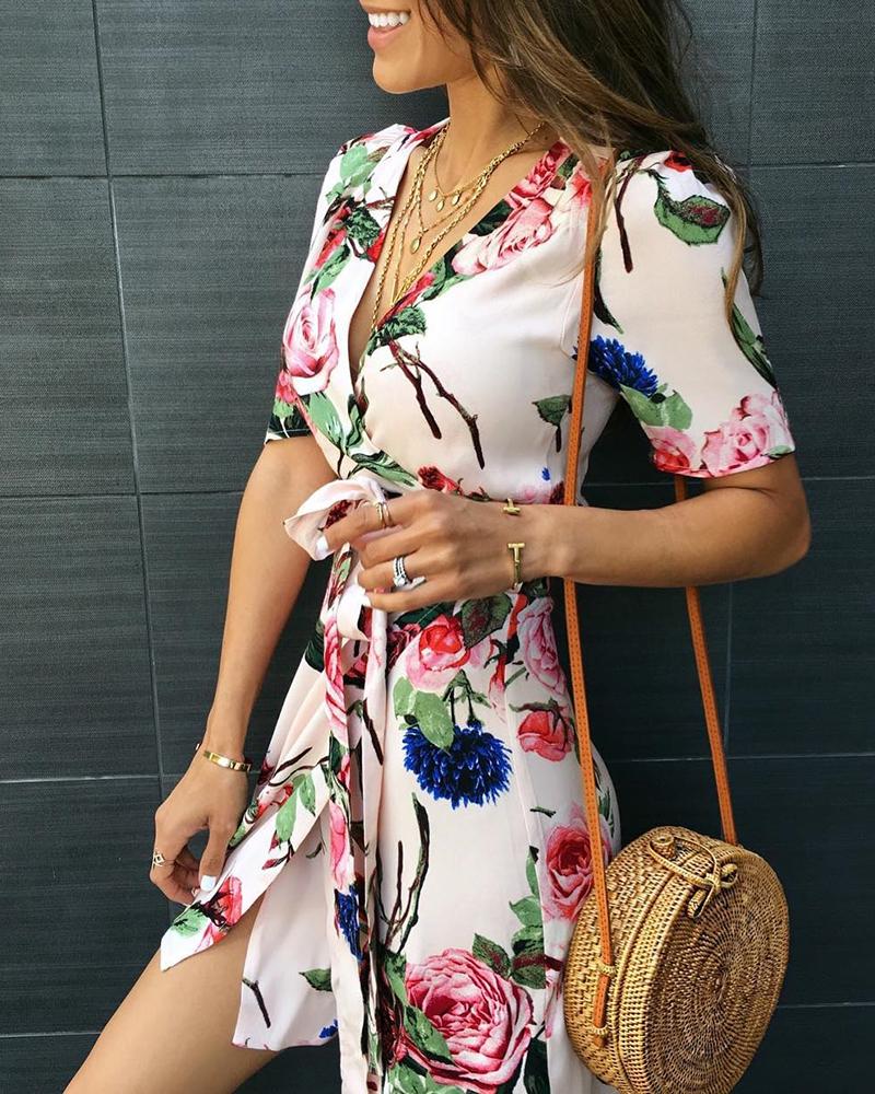 

Floral Print V-Neck Wrap Casual Dress, White