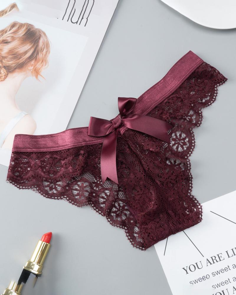 

Bowknot Decor Crochet Lace Skinny Panty, Wine red