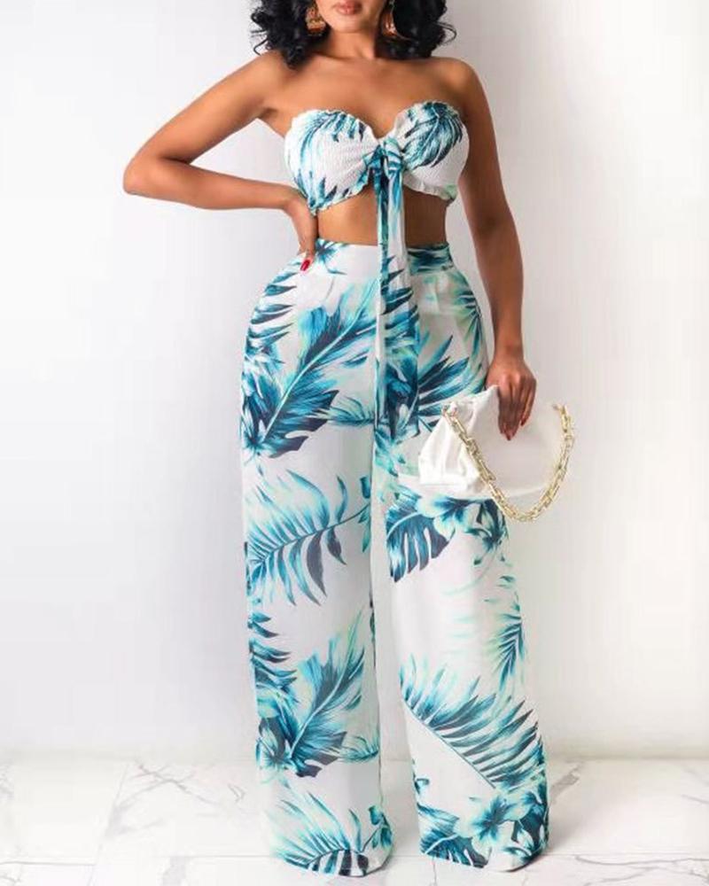 

Tropical Print Bandeau Shirred Crop Top & Pants Set, White