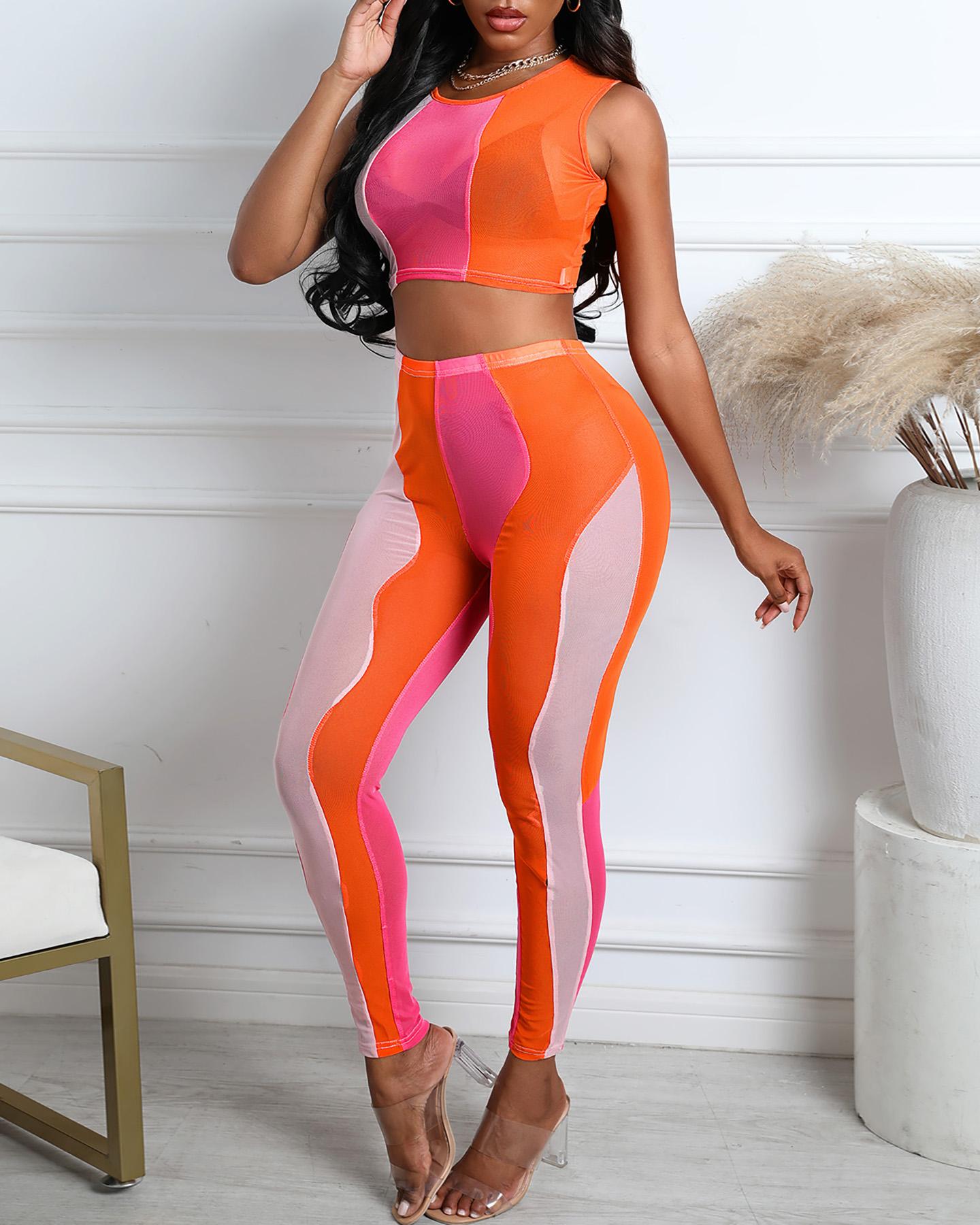 

Colorblock Sheer Mesh Crop Top & Pants Set, Orange