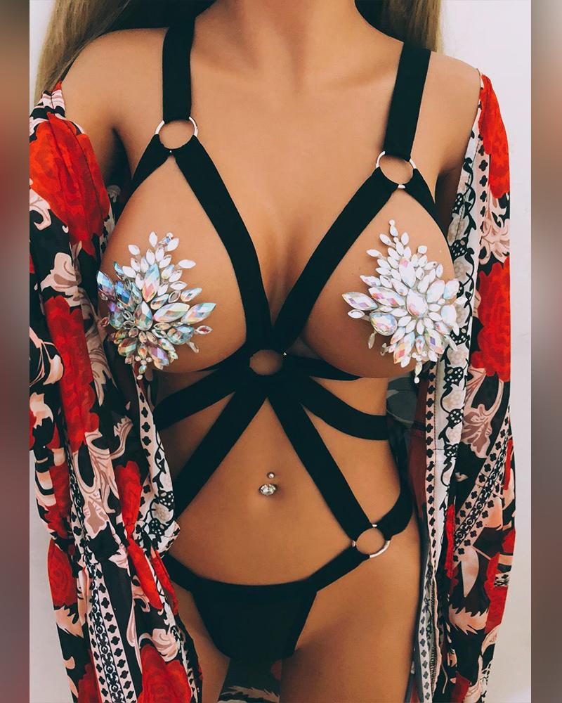 

Sexy Ring Bandage Cut-out Sleeveless Teddies, Black