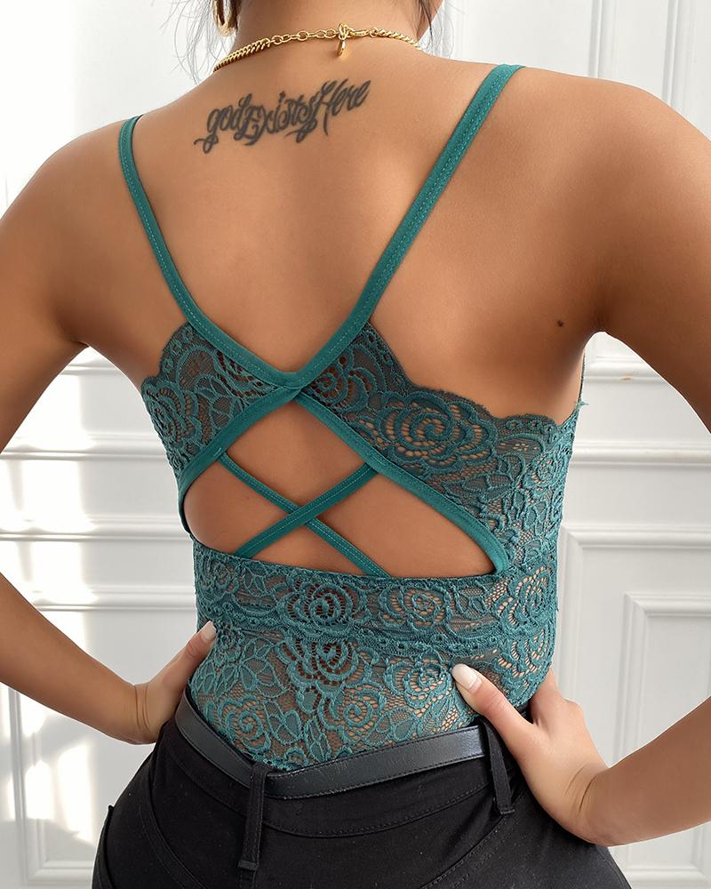 

Plunge Backless Lace Cami Tank Top, Green