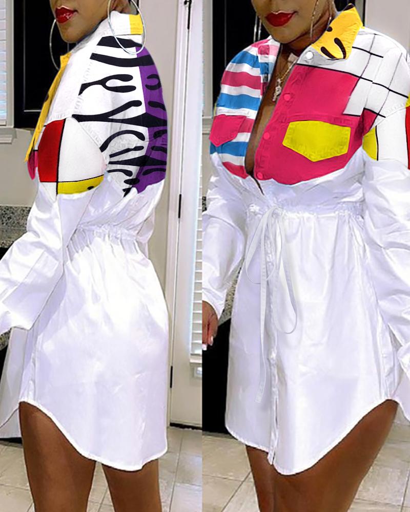 

Striped Colorblock Button Design Drawstring Shirt Dress, Multicolor