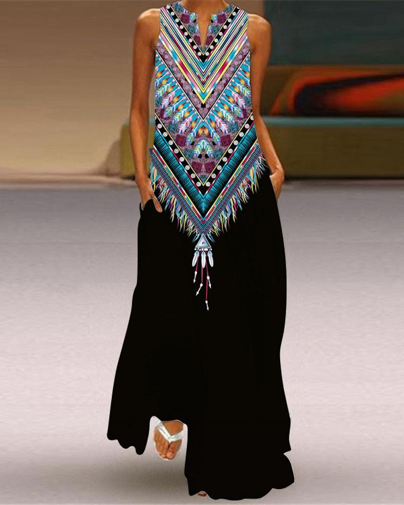 

Tribal Print Sleeveless Maxi Dress, Black