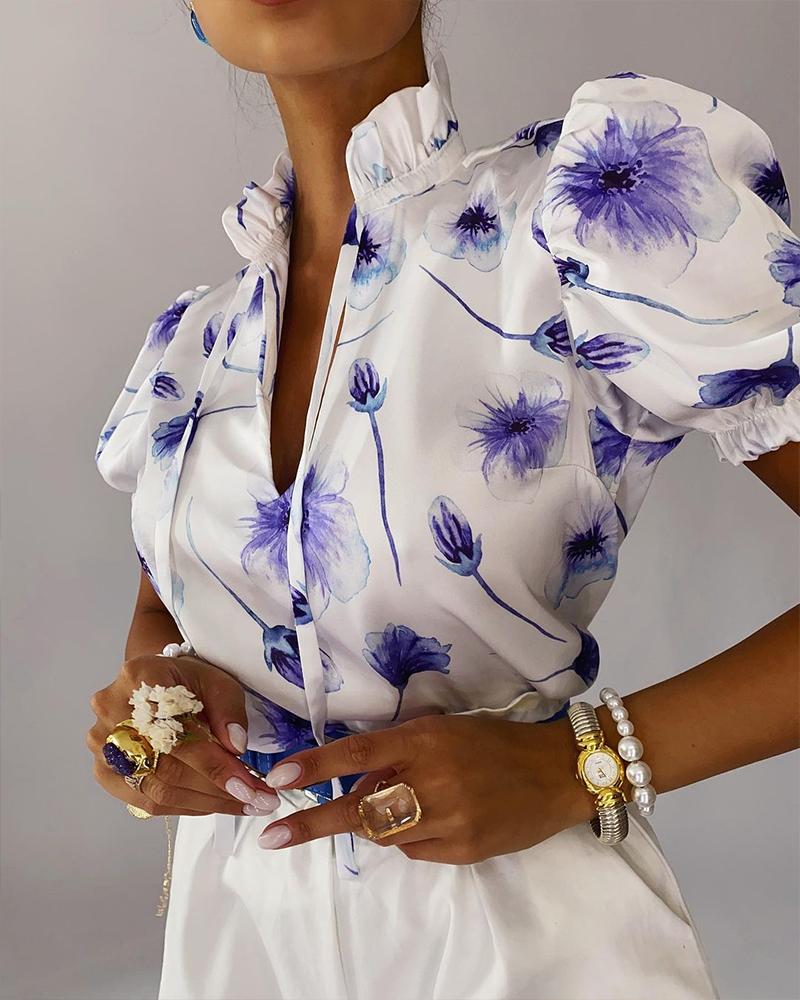 

Floral Print Frill Neck Puff Sleeve Blouse, Style1