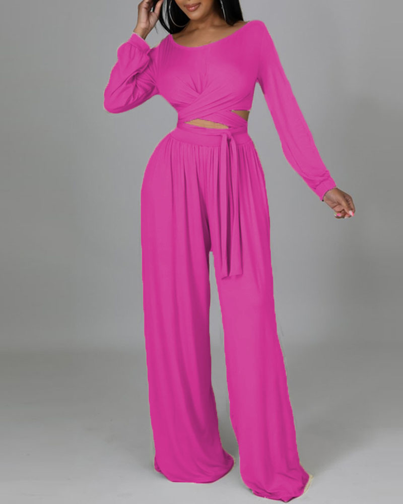 

Long Sleeve Cross Tie Crop Top & Wide Leg Pants Set, Hot pink