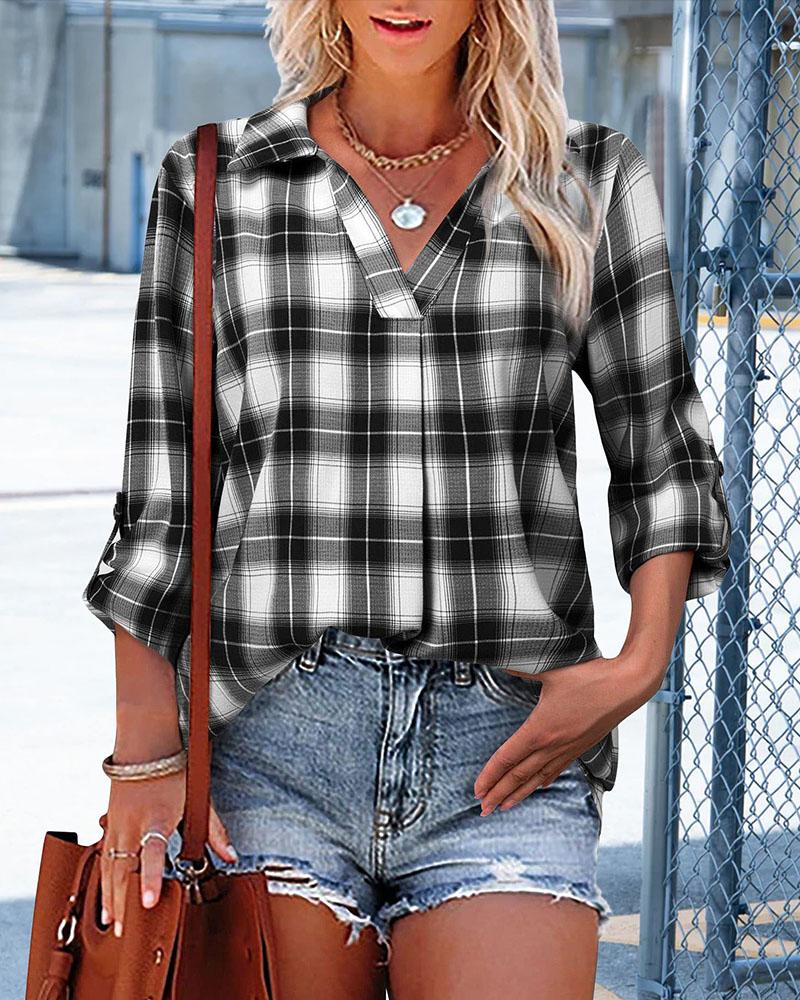 

Plaid Print Roll Up Sleeve Top, Black