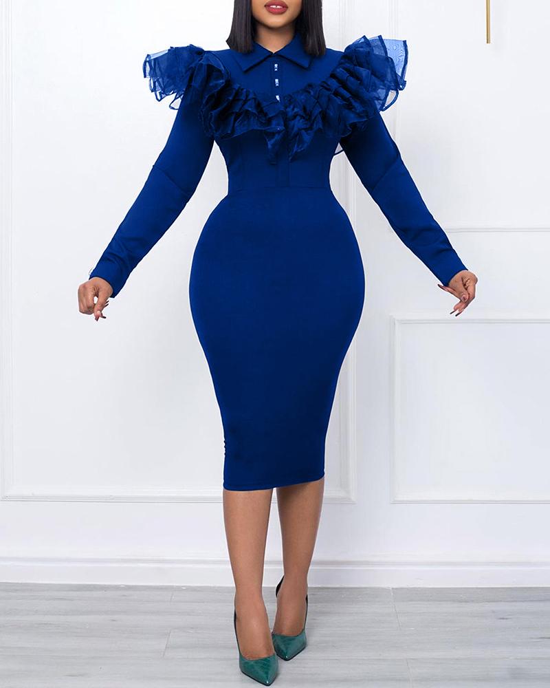 

Ruffle Hem Long Sleeve Buttoned Party Dress, Blue