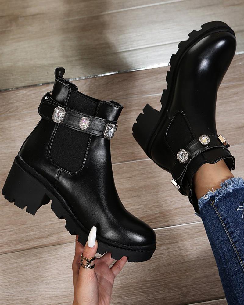 

Gem Stone Buckled Martin Boots, Black