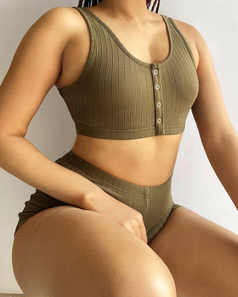 

Button Front Ribbed Crop Top & Shorts Set, Brown
