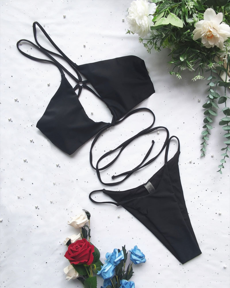 

One Shoulder Criss Cross Tied Detail Bikini Set, Black