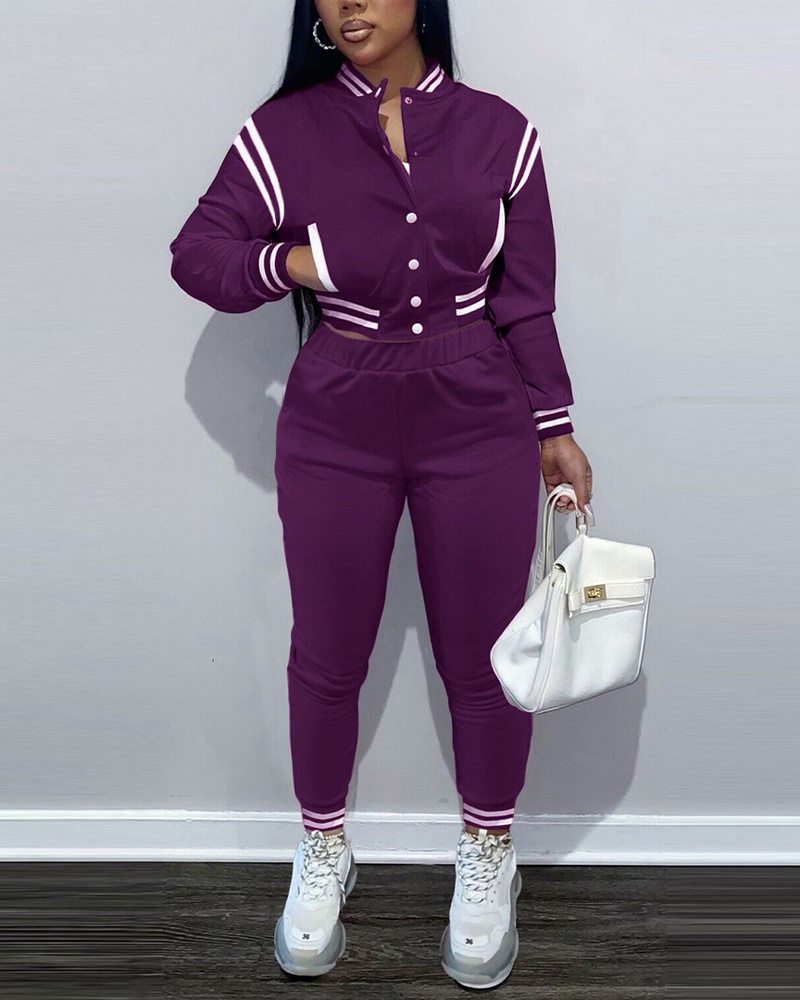 

Contrast Paneled Crop Baseball Jacket & Pants Set, Purple