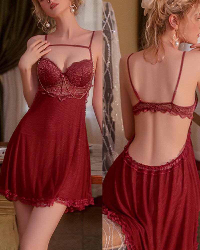 

Lace Patch Sheer Mesh Backless Night Dress, Red