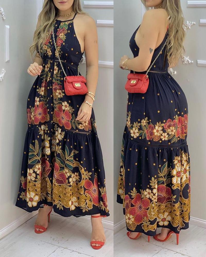 

Floral Print Sleeveless Maxi Dress, Dark blue